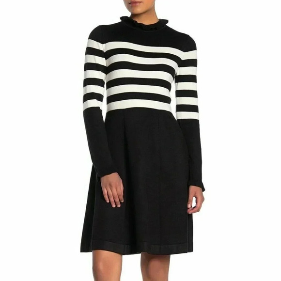 Eliza J Black White Ruffle Neck Stripe Print Fit - Picture 1 of 7